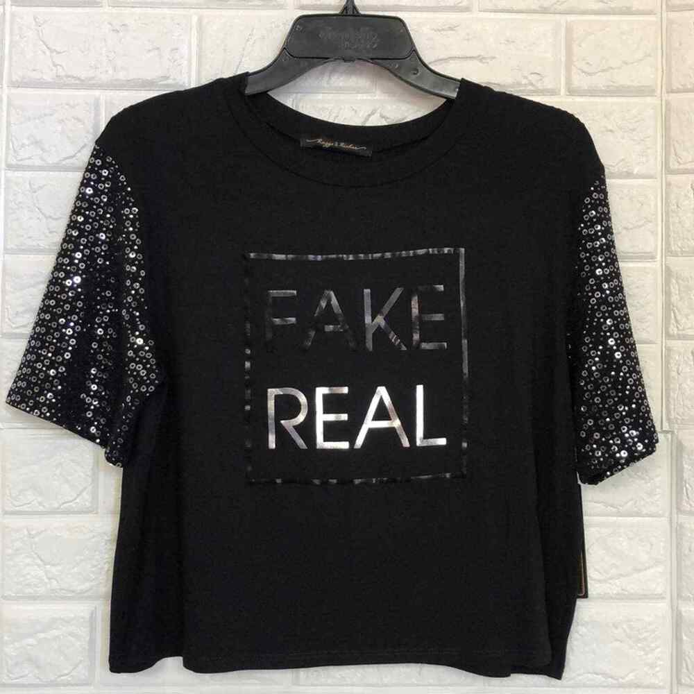 Sequin sleeve Fake Real crop top graphic tee T Shirt Women’s Size M